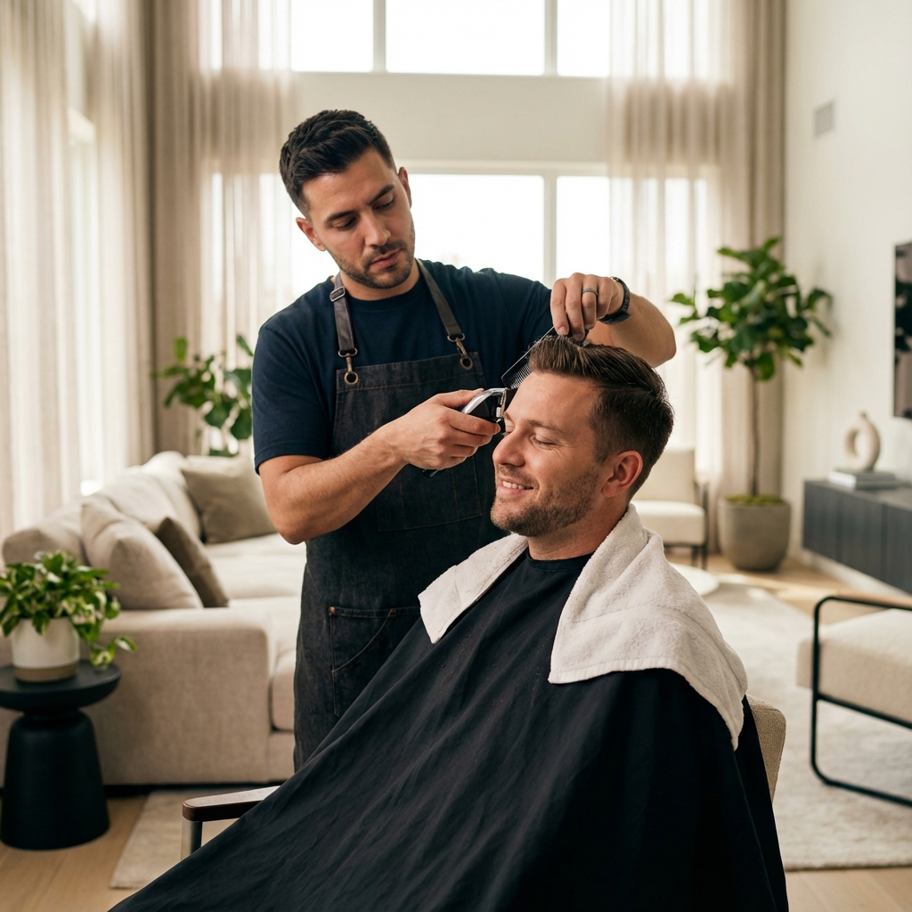 Barber cutting hair in a modern home